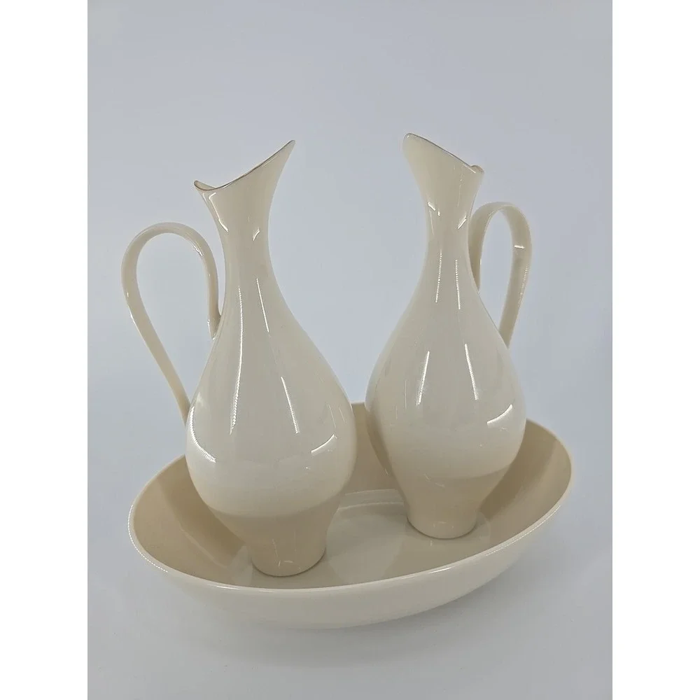 2 LENOX Sleek Creamy W/Gold Trim Pitchers In Bowl +Floral Bird Anniversary Plate